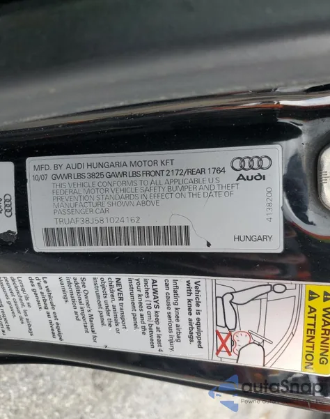 2008 Audi Tt 2.0T z USA, uszkodzony, nr VIN TRUAF38J581024162